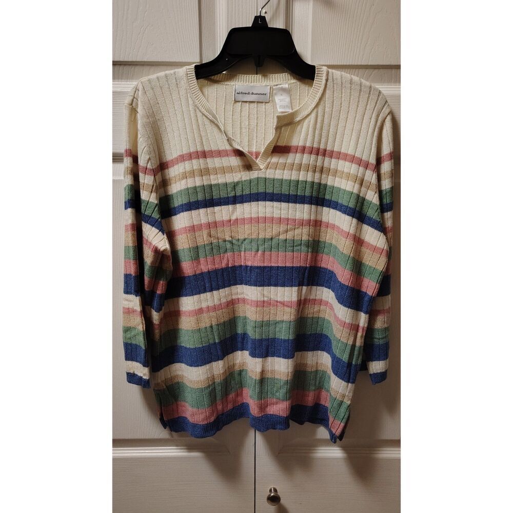 Alfred Dunner Large Multi Color‎ Strip Knit V-Neck Long Sleeve Sweater